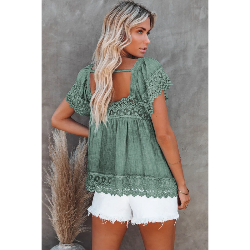 Green Lace Trim Short Sleeve Square Neck Top