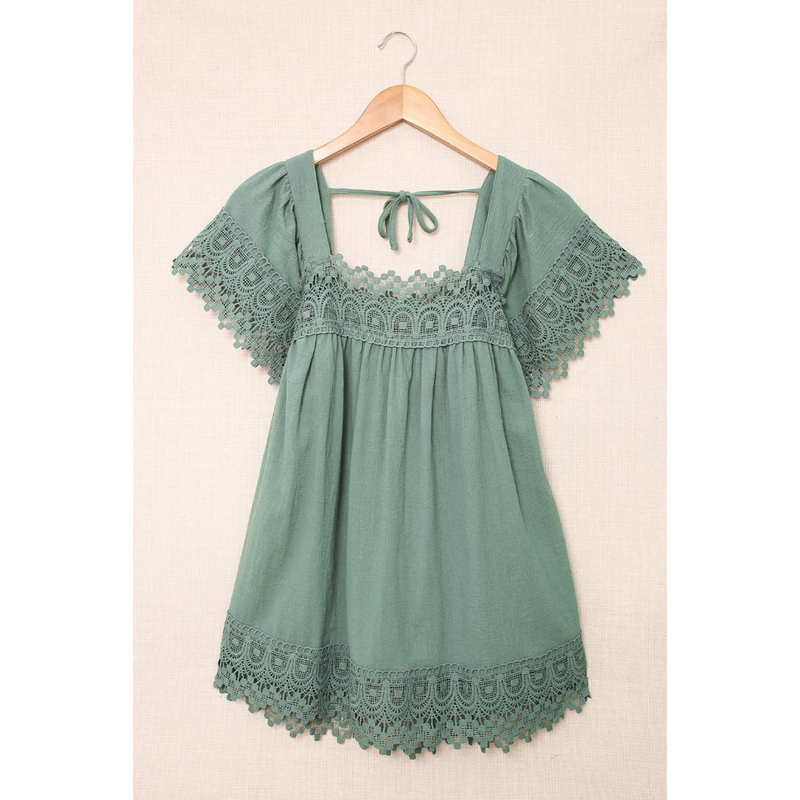 Green Lace Trim Short Sleeve Square Neck Top